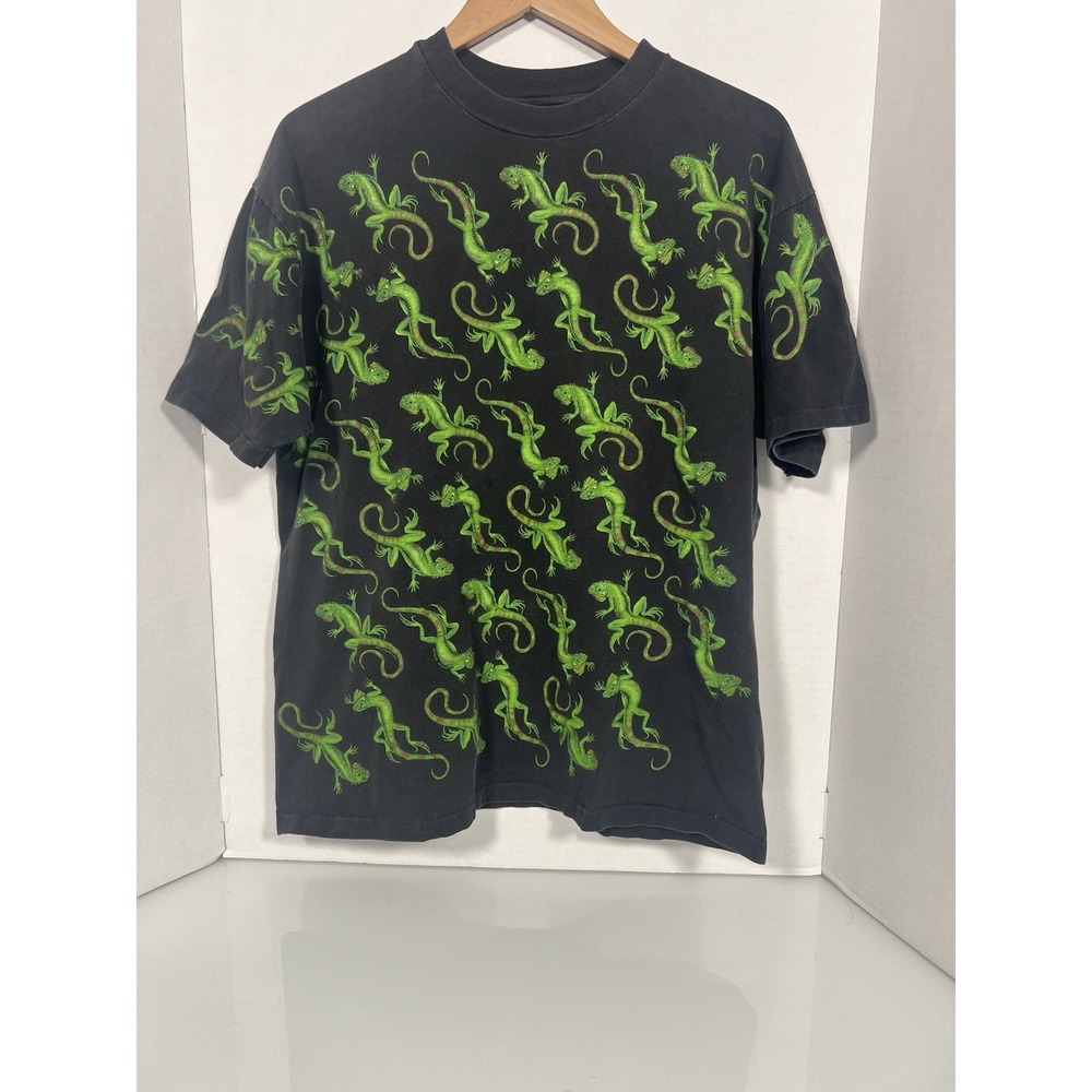 VTG All Over Print AOP Iguana Lizard Single Stitch Black Shirt Size Large 097